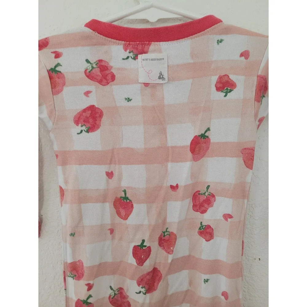 Burt's Bees Baby 12M Strawberry Gingham Organic Cotton Footed Pajamas Pink #2
